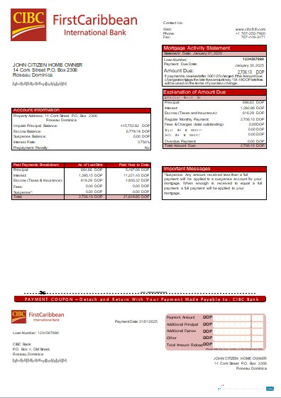 Download Dominica CIBC Bank bank mortgage statement scr Photoshop template